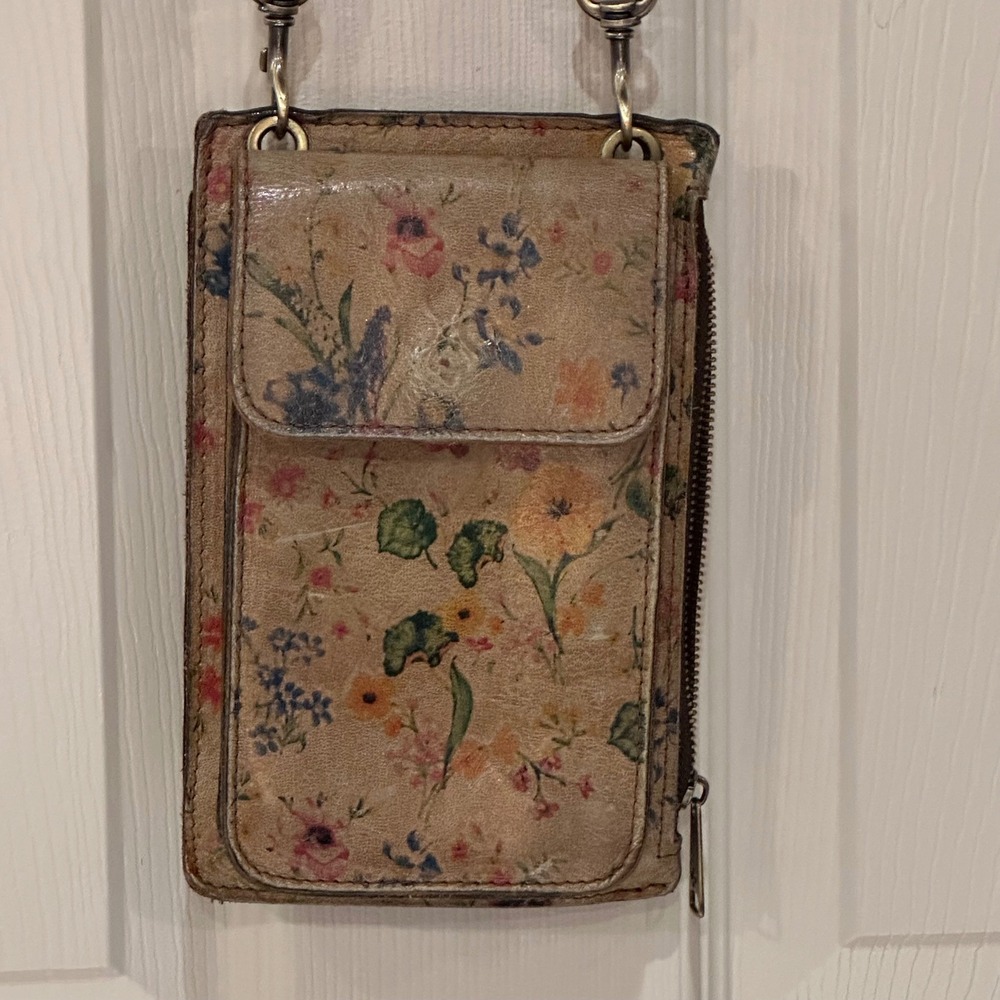 Patricia Nash Floral Leather Crossbody Wallet Phone Bag Distressed Tan